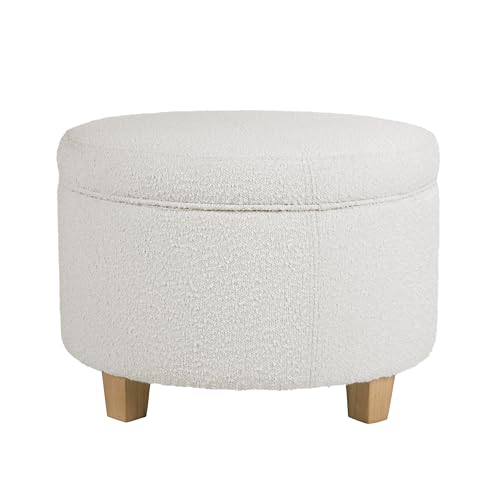 24" Large Round Storage Ottoman - Cream Boucle