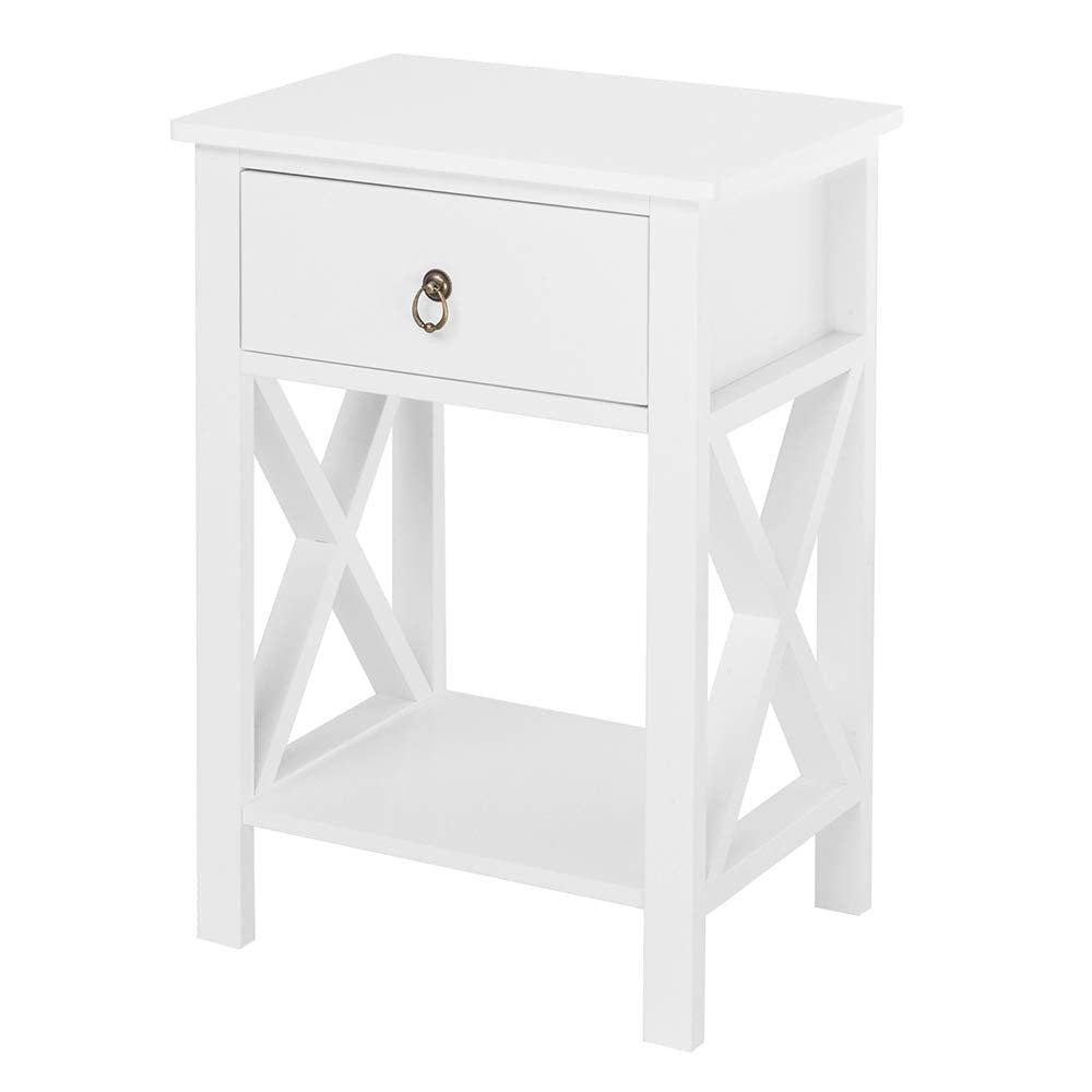Bonnlo White End Side Table Nightstand Bedside Table with Drawer and Storage Shelf