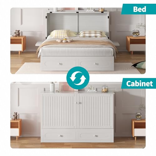 Queen Murphy Bed with USB Charging Station, Murphy Cabinet Bed with Storage Drawer, Space-Saving Hidden Cabinet Chest Beds for Guest Room Living Room, No Mattress, White
