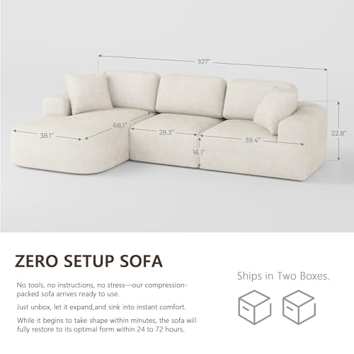 107'' Modular Sectional Sofa Couch with Chaise, No Assembly Required, Modern Bouclé-Inspired Upholstery, Convertible L-Shaped Design for Living Room – Ivory Beige
