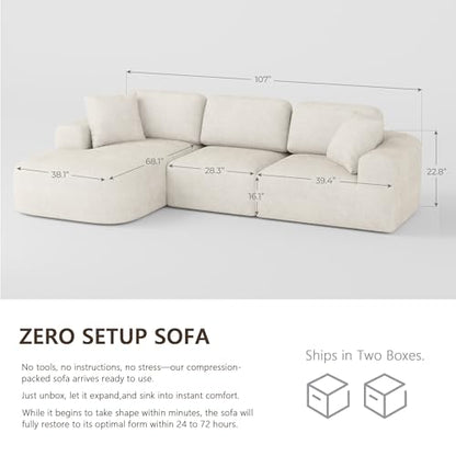 107'' Modular Sectional Sofa Couch with Chaise, No Assembly Required, Modern Bouclé-Inspired Upholstery, Convertible L-Shaped Design for Living Room – Ivory Beige