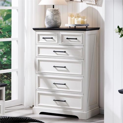 6 Drawer Dresser, Tall Farmhouse Chest for Bedroom, Off White, view 2