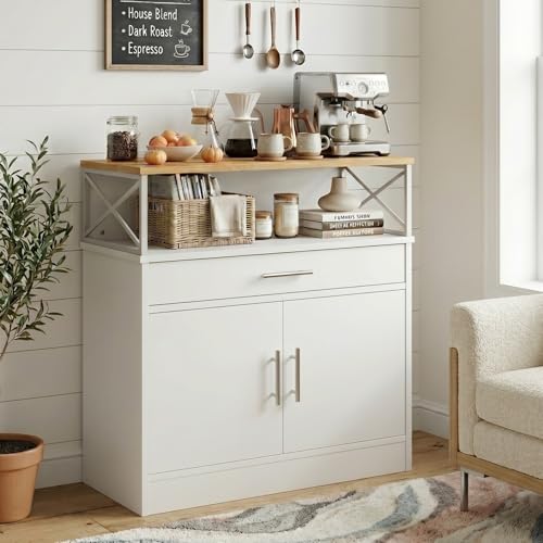Coffee Bar Cabinet, Farmhouse Kitchen Storage Cabinet with Adjustable Shelf, 31“ Modern Sideboard Buffet Table for Kitchen, Dining Room, White