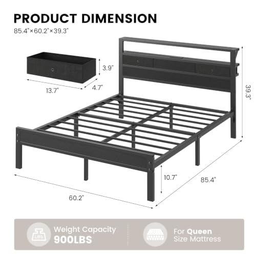 Queen Size Bed Frame with 2 Fabric Drawers and Storage Headboard, view 3