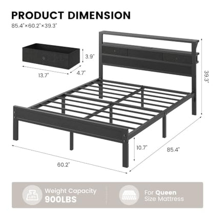Queen Size Bed Frame with 2 Fabric Drawers and Storage Headboard, view 3