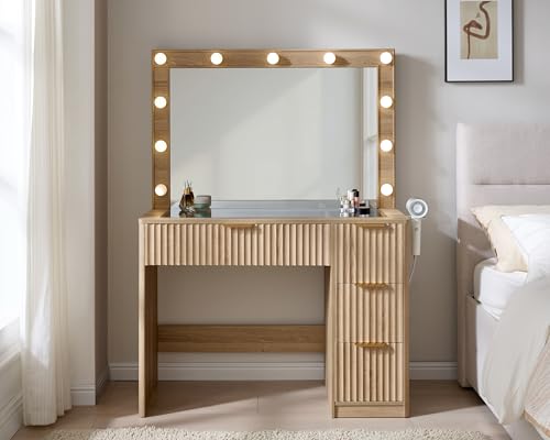36.2" Fluted Vanity Desk with Large Mirror and Lights, Natural Oak, view 4