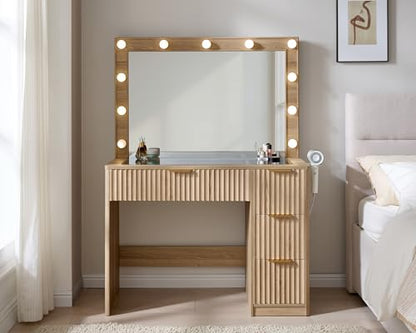 36.2" Fluted Vanity Desk with Large Mirror and Lights, Natural Oak, view 4