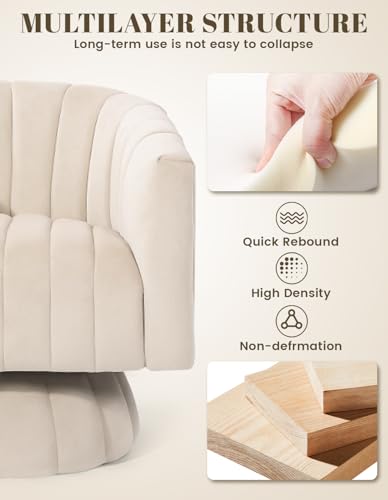 Swivel Accent Chair with Armrest, Mid Century 360 Degree Swivel Barrel Chair Overstuffed Tufted Velvet, Ideal for Living Room, Bedroom, Reading Room, Beige