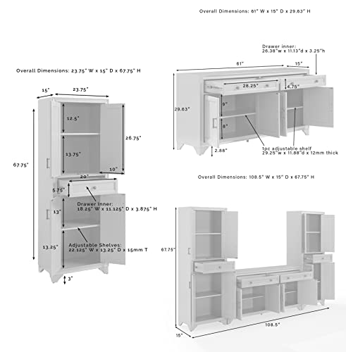 Tara 3-Piece Modern Farmhouse Sideboard Buffet Cabinet and Kitchen Storage Pantry Set, Distressed Gray