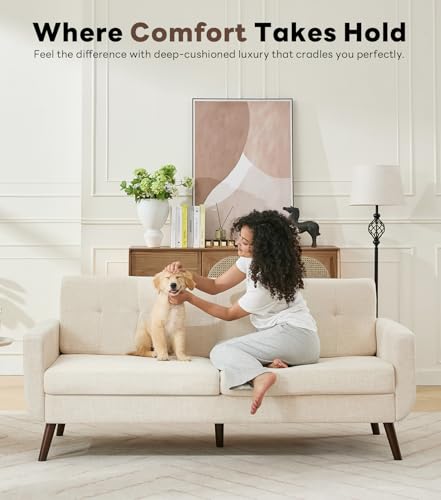 77.2" W Linen Sofa Couch, Mid Century Modern Decor Loveseat Couches for Living Room, Button Tufted Upholstered Small Couch for Bedroom, Solid, and Easy to Install Love Seats Furniture, Beige