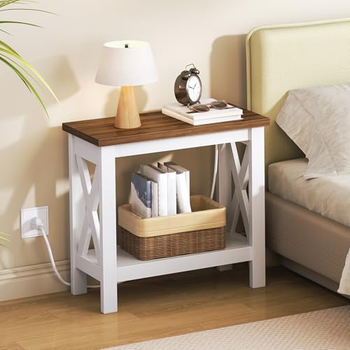 End Table with Charging Station, Farmhouse Narrow Side Table, 2-Tier with Storage Shelves, Slim Nightstand for Small Spaces, Living Room, Bedroom, White and Walnut WH360UBZ01