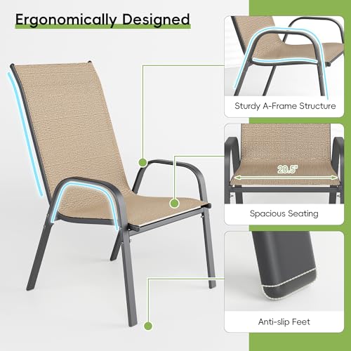 Patio Chairs Set of 4, Outdoor Dining Chairs Stackable for All Weather, Breathable Metal Modern Outside Furniture Chair for Pool Side, Garden, Backyard Deck, Brown