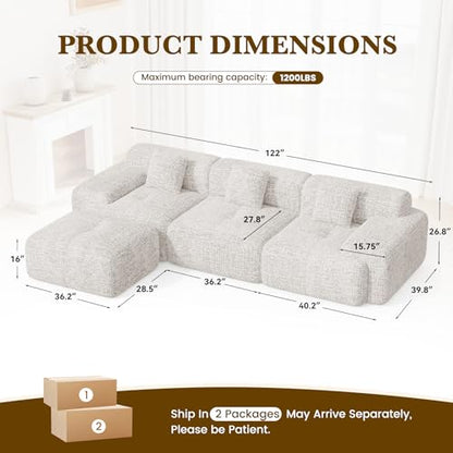 122" L Shaped Convertible Modular Couch, Cloud Couch Sectional with Ottoman, 4-Seater Chenille Boneless Couches for Living Room, Apartment, No Assembly, Beige 1PCS