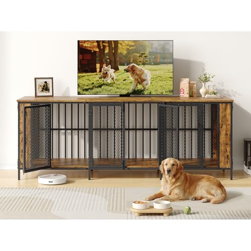 87" Brown Dog Crate Furniture TV Stand with 3-Room Kennel, view 6