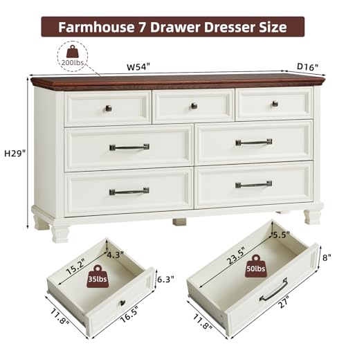 Farmhouse 7 Drawer Dresser for Bedroom, White, view 3