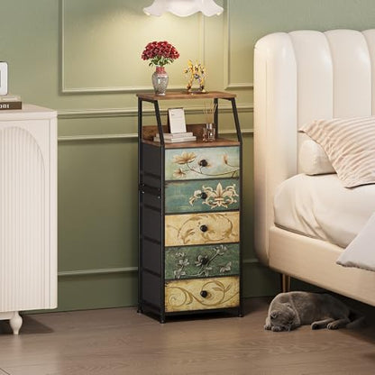 Nightstand with Fabric Drawers Dresser with 2 Tier Shelf Storage Tower for Bedroom Hallway Entryway Closet Organizer Sofa Beside Table Furniture (Multi, 5 Drawers)