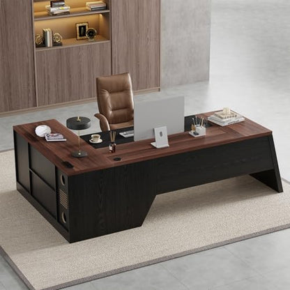 78-Inch L-Shaped Executive Desk with Drawer, Walnut Brown Black, view 5