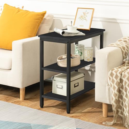 End Table, Simple Rustic Side Table with 3-Tier Storage Shelf, Narrow Nightstand for Small Spaces, Easy Assembly, for Living Room, Bedroom, Metal, Industrial Design, Black BB14BZ01