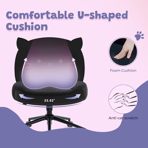 Armless Office Desk Chair with Wheels,Ergonomic Criss Cross Legged Computer Chair with Fabric Padded, Height Adjustable Wide Seat Vanity Chairs,Mid Back Task Chair for Home, Bedroom (Black)