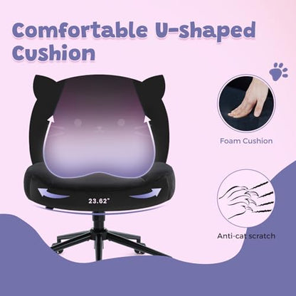 Armless Office Desk Chair with Wheels,Ergonomic Criss Cross Legged Computer Chair with Fabric Padded, Height Adjustable Wide Seat Vanity Chairs,Mid Back Task Chair for Home, Bedroom (Black)
