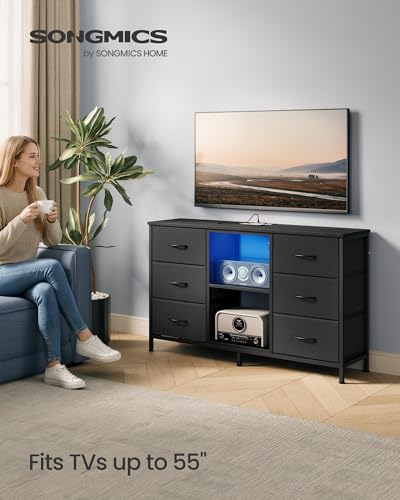SONGMICS BELLAH Collection - TV Stand for TVs Up to 55 Inches, Dresser for Bedroom, Living Room, Chest of Drawers, Steel, 6 Drawers and 2 Shelves, Modern, Ink Black ULGS032B101S