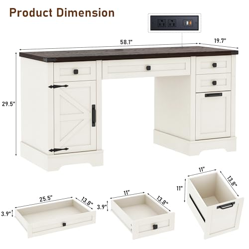 58'' Farmhouse Home Office Desk with Drawers, view 3