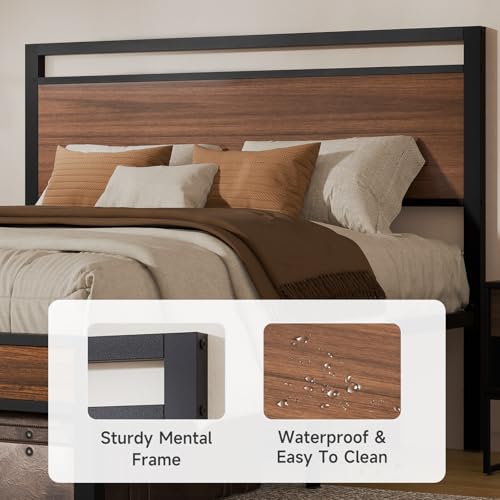 Queen Metal Bed Frame&Wooden Headboard&Footboard,No Box Spring,Walnut, view 6