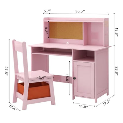 Pink Kids Desk and Chair Set, Kids Desk Chair with Storage and Shelf, Wooden Kids Table and Chairs for Bedroom and Study, Craft Table with Storage Gifts for Girls to Study
