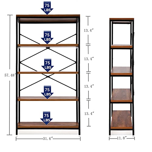 Industrial Bookshelf 5-Tier, Bookcase 58" H Ladder Shelf, Storage Shelves Rack Shelf Unit, Accent Furniture Metal Frame, Home Office Furniture for Bathroom, Living Room, Vintage Brown