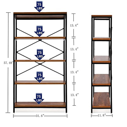 Industrial Bookshelf 5-Tier, Bookcase 58" H Ladder Shelf, Storage Shelves Rack Shelf Unit, Accent Furniture Metal Frame, Home Office Furniture for Bathroom, Living Room, Vintage Brown