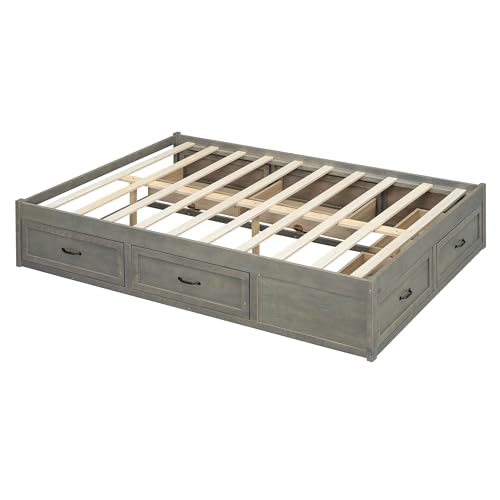 JIVOIT Full Size Bed Frame with 6 Storage Drawers, Wood Platform Bed Frame with Spacious Storage, Wooden Slats Support, No Box Spring Needed, Easy Assembly (Antique Gray/Full)