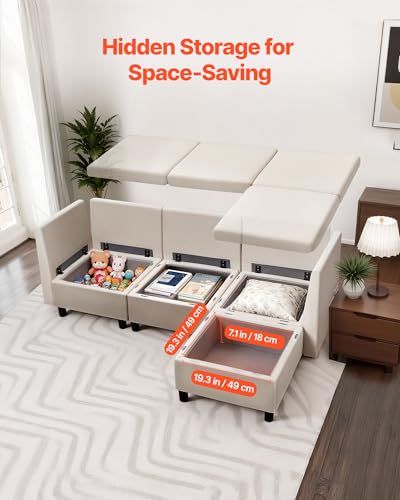 Modular Sectional Sofa, 3-Seater Modular Sofa with Hidden Storage, Customizable Cloud Sectional Couch with Ottoman, Solid Wood Frame Upholstered Couch for Living Room, Bedroom, Beige