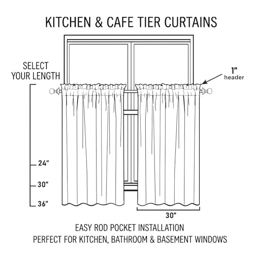 Kitchen Curtain Tiers for Bedroom, Top Pocket Home Decor 36 Inch Long Window Tier Valances for Porch Living Room, 2 Panels, 30X36 Inch, Red
