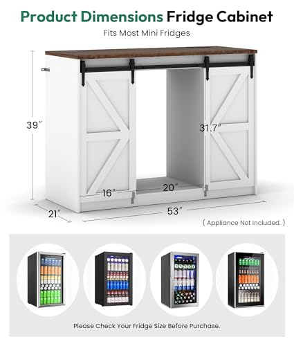 Farmhouse Coffee Bar with Mini Fridge Space & Power Outlet, White | Mini Fridge Cabinet, Barn-door Design, Adjustable Shelves, For Kitchen, Dining Room, Living Room
