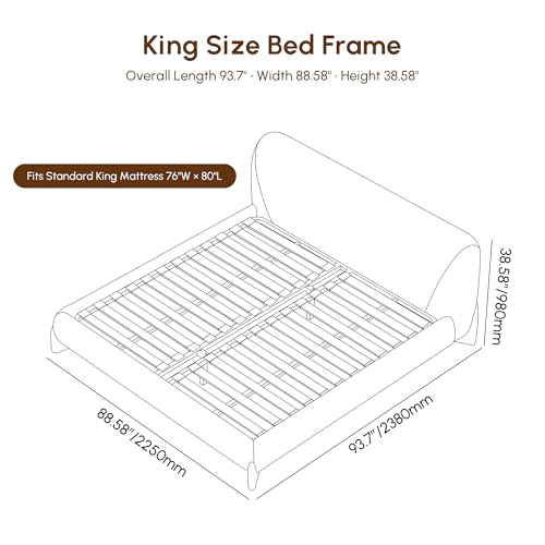 White Boucle King Size Platform Bed with Headboard, view 3