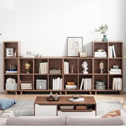 IOTXY Open Cubes Low Bookcase - 3-Tier 11-Cube Short Bookshelf in Walnut | Nordic Minimalist Style, MDF Material, Solid Wood Legs, Deep Storage Cubes, Free Standing Wooden Cabinet Organizer Unit