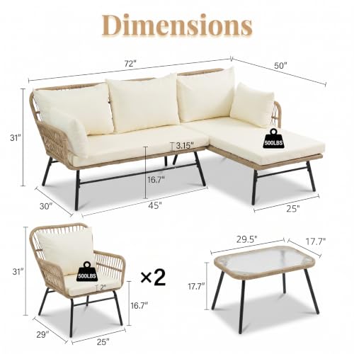 5Pcs Boho Outdoor Patio Furniture Set, High Back L-Shaped Outdoor Couch with Side Table, 500lbs Sturdy Comfy Wicker Sectional Sofa for Garden Balcony Deck Porch or Backyard, Beige