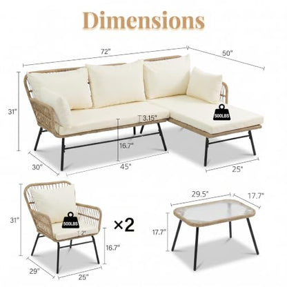 5Pcs Boho Outdoor Patio Furniture Set, High Back L-Shaped Outdoor Couch with Side Table, 500lbs Sturdy Comfy Wicker Sectional Sofa for Garden Balcony Deck Porch or Backyard, Beige
