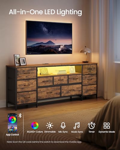 SONGMICS BELLAH Collection - TV Stand for TVs Up to 70 Inches, Dresser for Bedroom, Living Room, Chest of Drawers, Steel, 11 Drawers and Shelf, Industrial, Rustic Brown ULGS043K101S