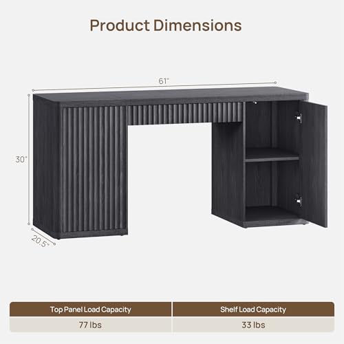 61" Large Home Office Desk with Storage Fluted Office Desks with 2 Doors & 1 Drawer Modern Executive Desk Wooden Study Desk Writing Desks Vanity Table for Living Room Bedroom, Black Alder