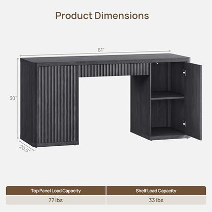 61" Large Home Office Desk with Storage Fluted Office Desks with 2 Doors & 1 Drawer Modern Executive Desk Wooden Study Desk Writing Desks Vanity Table for Living Room Bedroom, Black Alder