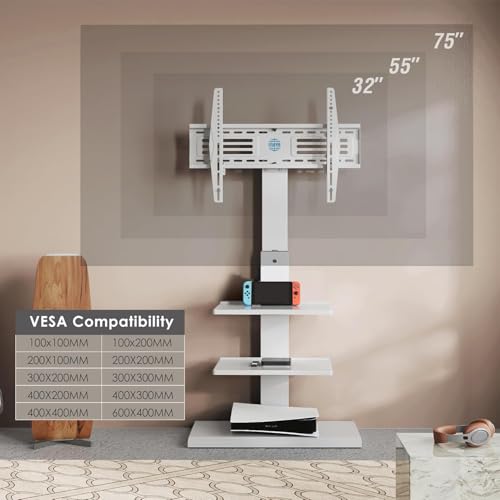 Iron Base Universal Floor TV Stand with Swivel Tilt, TV Mount Stand for 32-75 Inch Screens, Corner TV Stand with Height Adjustable Entertainment Shelves (White)