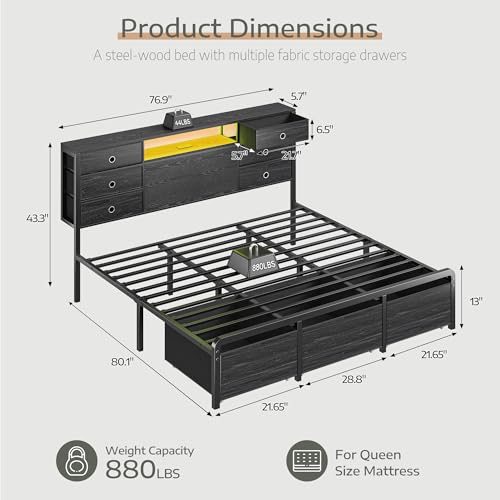 King Size Bed Frame with 9 Drawers and Charging Station,Black, view 3