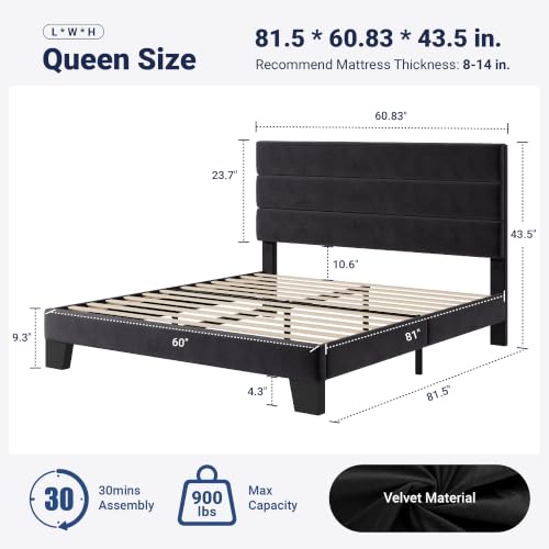 Queen Size Platform Bed Frame with Velvet Upholstered Headboard, view 3