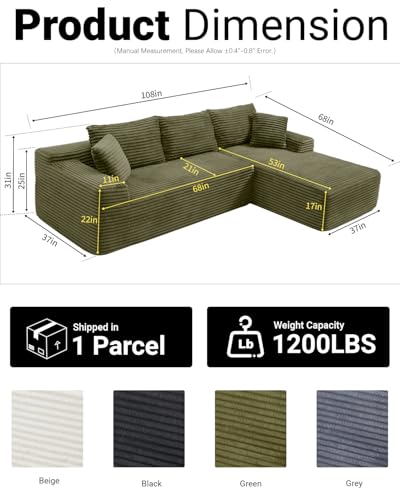 108 Inch Cloud Sectional Couch,Modern Modular Sectional Sofa with Deep Seat,Corduroy Boneless Couches with L-Shape Chaise for Living Room,No Assembly Required (Green, Right Facing Chaise)