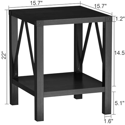 Farmhouse End Table Set of 2, Rustic Vintage Nightstand Side Table with Shelf for Living Room, Black
