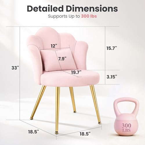 Petal Makeup Vanity Chair with Back, Flower Chair Comfy No Wheels for Girls Women, Makeup Chair with Golden Metal Legs & Lumbar Pillow for Living Room/Makeup Room/Bedroom/Home Office - Pink