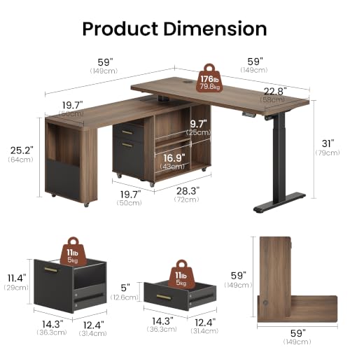 59" L Shape Electric Standing Desk w/360° Swivel Cabinet, Wireless Charging, view 3