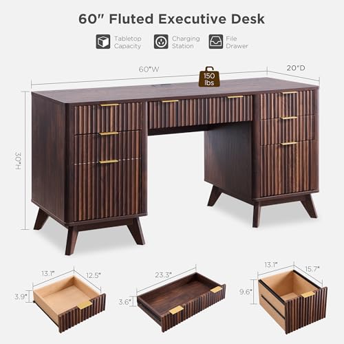 60" Modern Fluted Executive Desk with Drawers, Dark Walnut, view 3