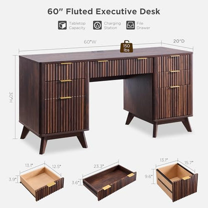 60" Modern Fluted Executive Desk with Drawers, Dark Walnut, view 3
